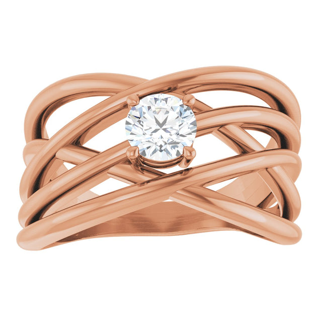 14K Gold Round Natural Diamond Solitaire Criss-Cross Ring - Rose Gold - view 3