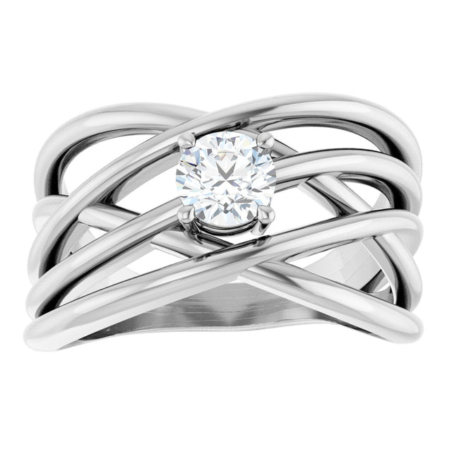 14K Gold Round Natural Diamond Solitaire Criss-Cross Ring - White Gold - view 3