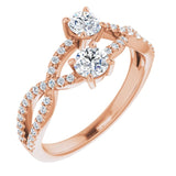 14K Gold Round Natural Diamond Two-Stone Criss-Cross Ring - Rose Gold