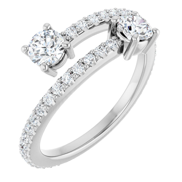 14K Gold Round Natural Diamond Two-Stone Bypass Ring - White Gold