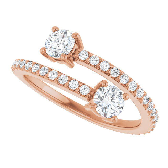 14K Gold Round Natural Diamond Two-Stone Bypass Ring - Rose Gold - view 5