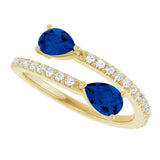 14K Gold Pear Natural Blue Sapphire Two-Stone Bypass Ring - Yellow Gold - view 5