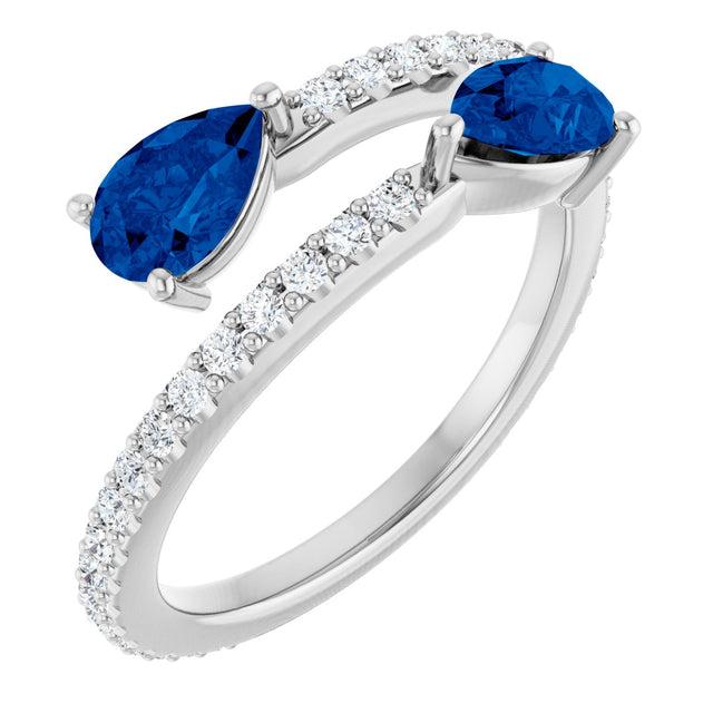Platinum Pear Natural Blue Sapphire Two-Stone Bypass Ring