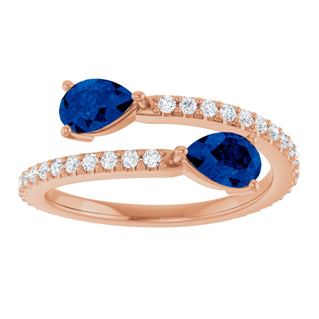 14K Gold Pear Natural Blue Sapphire Two-Stone Bypass Ring - Rose Gold - view 3