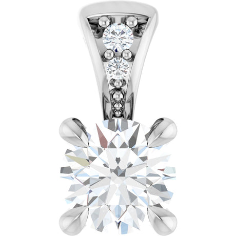 14K Gold Round Lab-Grown Diamond Accented Claw-Prong Pendant - White Gold