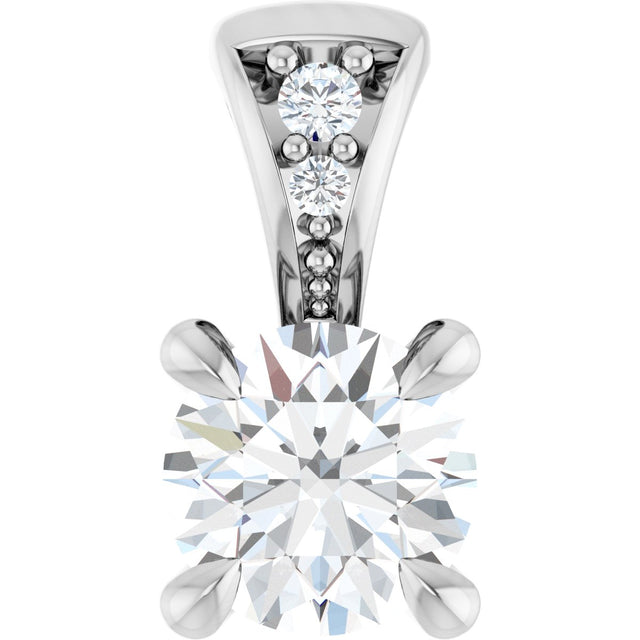 14K Gold Round Lab-Grown Diamond Accented Claw-Prong Pendant - White Gold