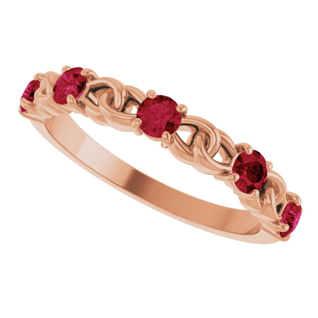 14K Gold Round Natural Ruby Accented Stackable Ring – 3mm Stones - Rose Gold - view 5