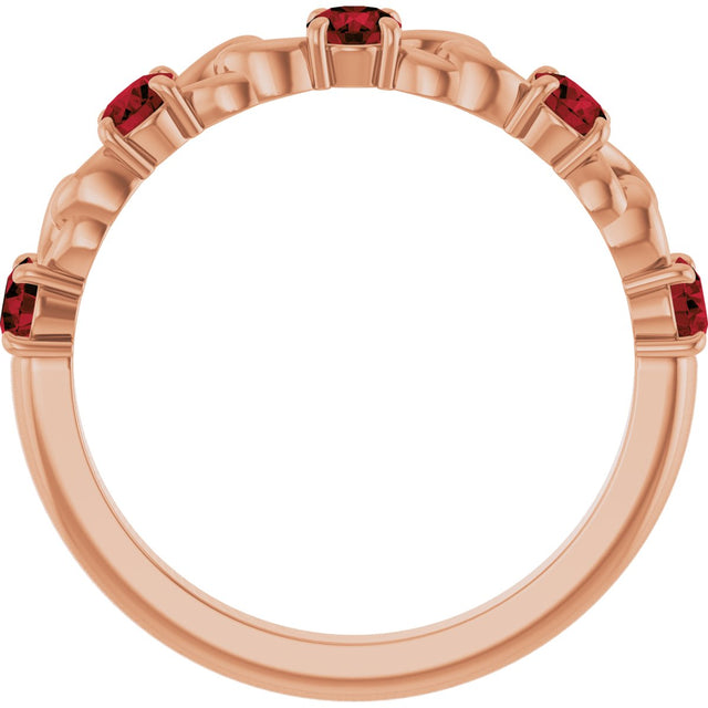 14K Gold Round Natural Mozambique Garnet Accented Stackable Ring – 3mm Stones - Rose Gold - view 2