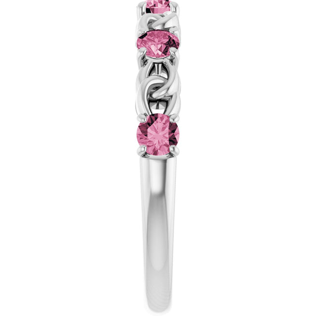Platinum Round Natural Pink Tourmaline Accented Stackable Ring – 3mm Stones - view 4