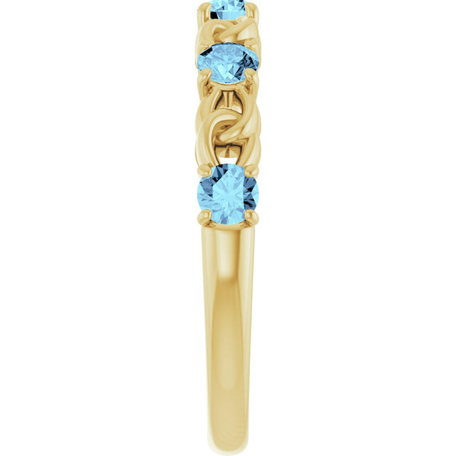 14K Gold Round Natural Aquamarine Accented Stackable Ring – 3mm Stones - Yellow Gold - view 4