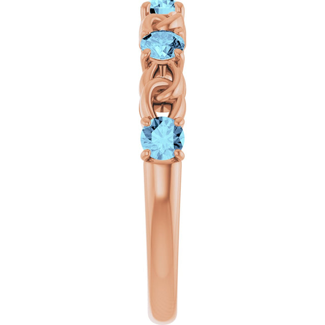 14K Gold Round Natural Aquamarine Accented Stackable Ring – 3mm Stones - Rose Gold - view 4