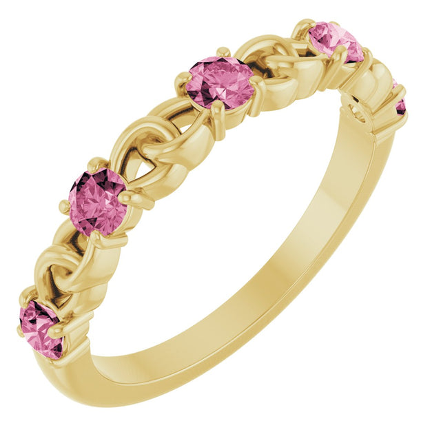14K Gold Round Natural Pink Tourmaline Accented Stackable Ring – 3mm Stones - Yellow Gold