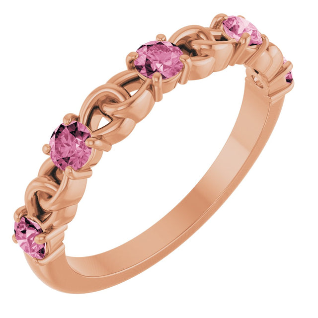 14K Gold Round Natural Pink Tourmaline Accented Stackable Ring – 3mm Stones - Rose Gold