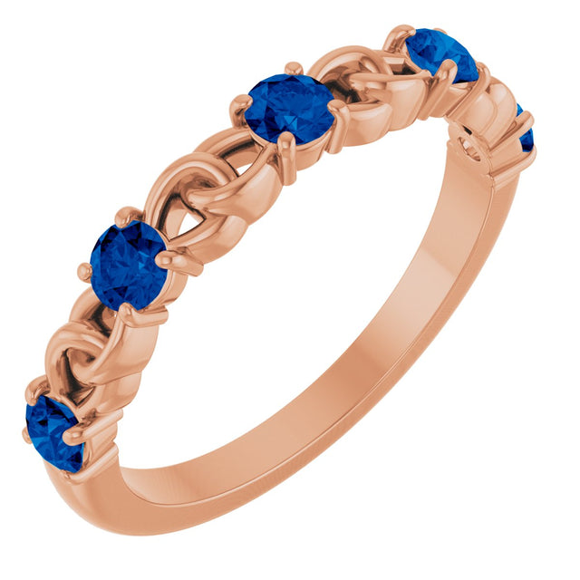 14K Gold Round Lab-Grown Blue Sapphire Accented Stackable Ring – 3mm Stones - Rose Gold