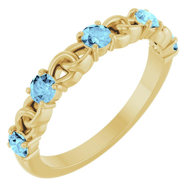14K Gold Round Natural Aquamarine Accented Stackable Ring – 3mm Stones - Yellow Gold