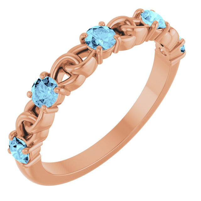 14K Gold Round Natural Aquamarine Accented Stackable Ring – 3mm Stones - Rose Gold