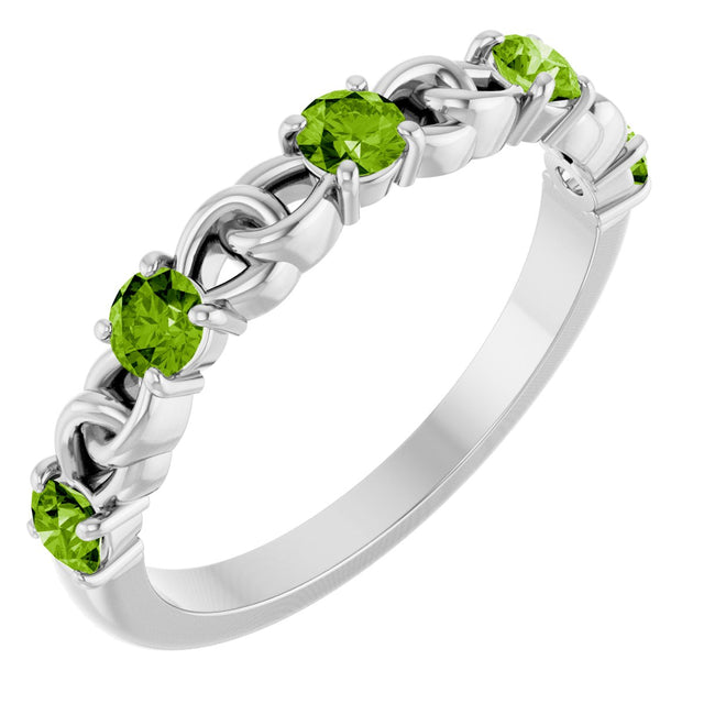 14K Gold Round Natural Peridot Accented Stackable Ring – 3mm Stones - White Gold