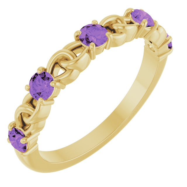14K Gold Round Natural Amethyst Accented Stackable Ring – 3mm Stones - Yellow Gold