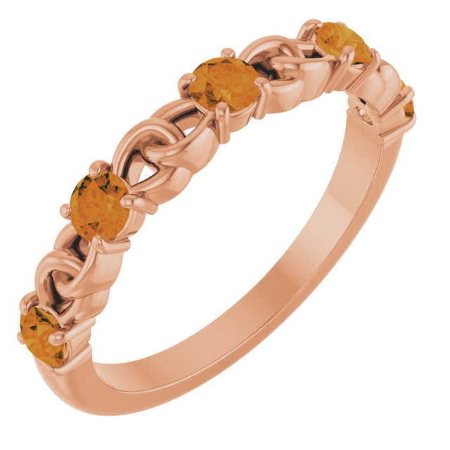 14K Gold Round Natural Citrine Accented Stackable Ring – 3mm Stones - Rose Gold