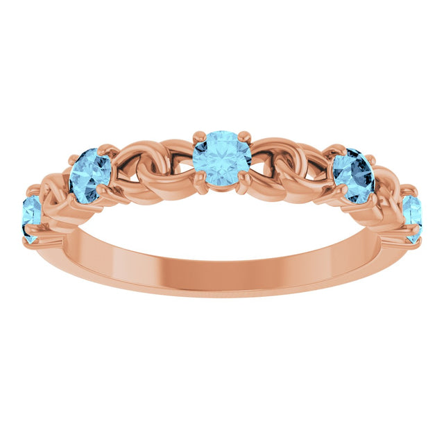 14K Gold Round Natural Aquamarine Accented Stackable Ring – 3mm Stones - Rose Gold - view 3