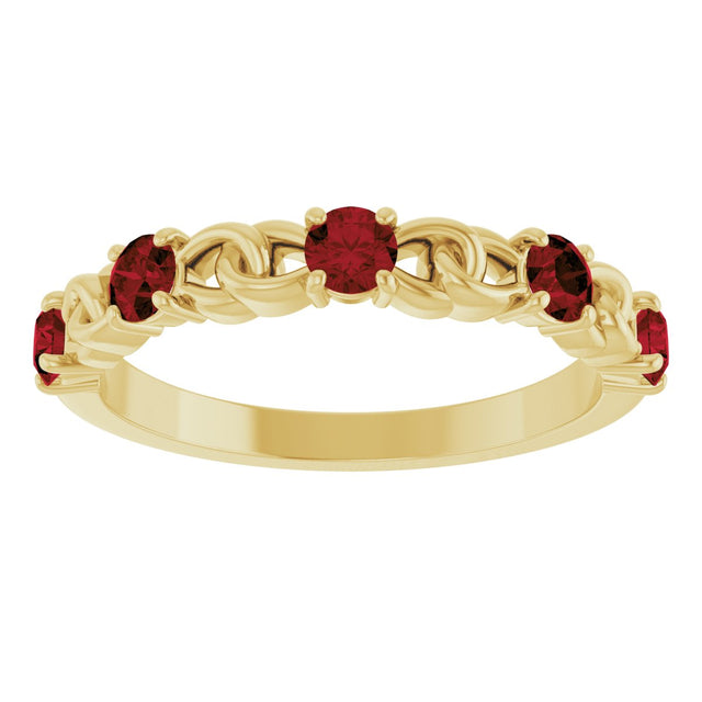 14K Gold Round Natural Mozambique Garnet Accented Stackable Ring – 3mm Stones - Yellow Gold - view 3