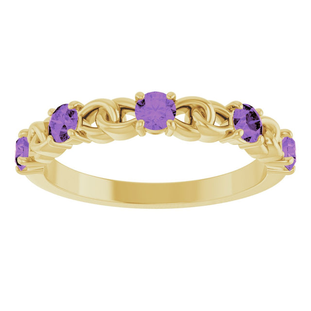 14K Gold Round Natural Amethyst Accented Stackable Ring – 3mm Stones - Yellow Gold - view 3