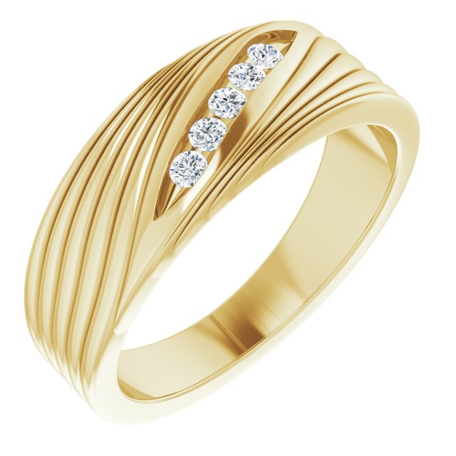 14K Gold Round Natural Diamond Grooved Accented Ring - Yellow Gold