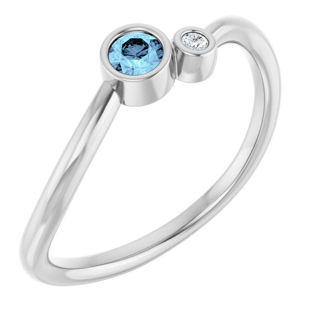 Platinum Round Natural Aquamarine Accented Bezel-Set Ring