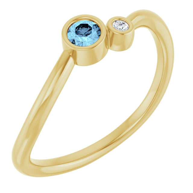14K Gold Round Natural Aquamarine Accented Bezel-Set Ring - Yellow Gold