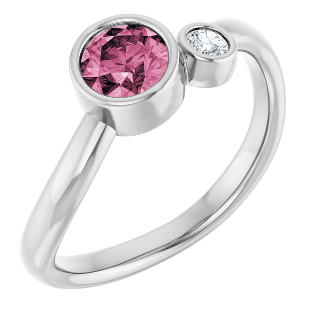 Platinum Round Natural Pink Tourmaline Accented Bezel-Set Ring