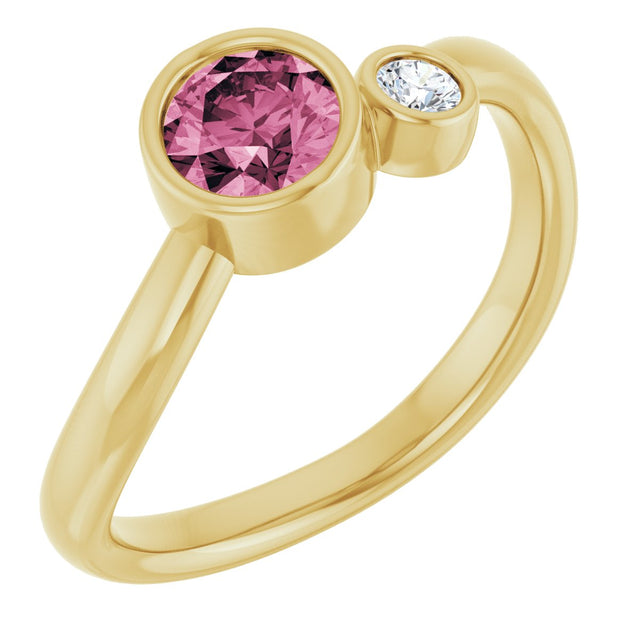 14K Gold Round Natural Pink Tourmaline Accented Bezel-Set Ring - Yellow Gold