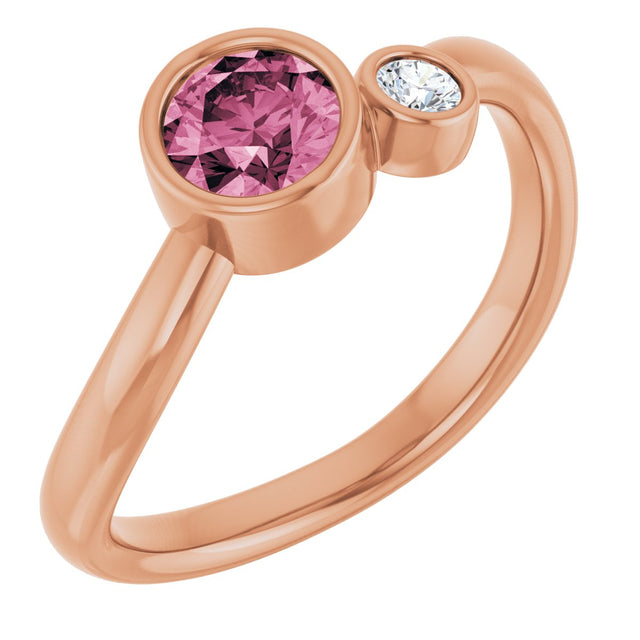 14K Gold Round Natural Pink Tourmaline Accented Bezel-Set Ring - Rose Gold