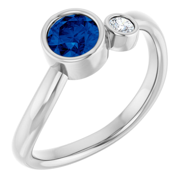14K Gold Round Natural Blue Sapphire Accented Bezel-Set Ring - White Gold