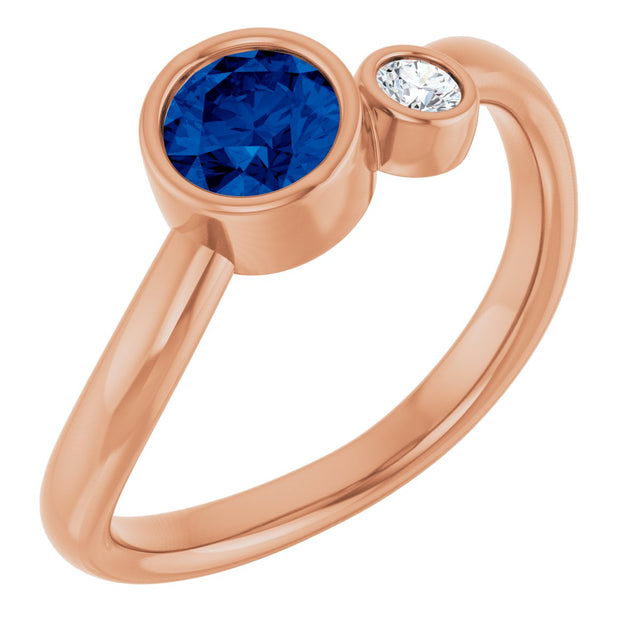 14K Gold Round Natural Blue Sapphire Accented Bezel-Set Ring - Rose Gold