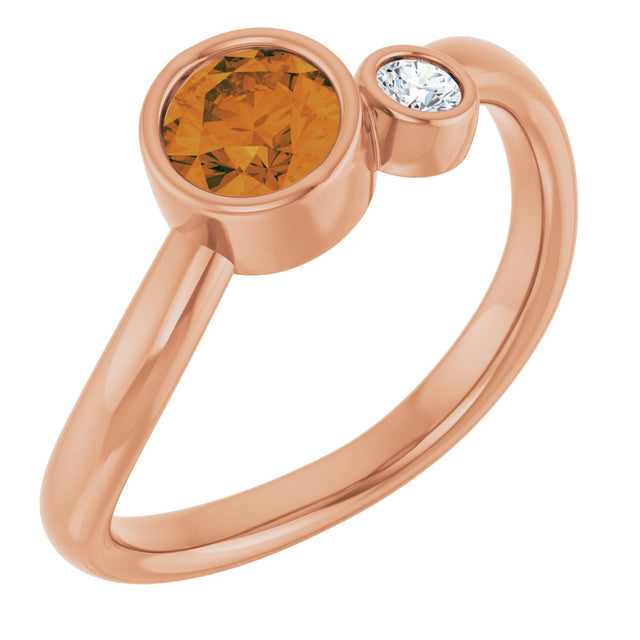 14K Gold Round Natural Citrine Accented Bezel-Set Ring - Rose Gold