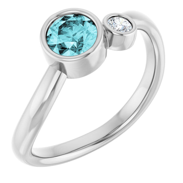 14K Gold Round Natural Blue Zircon Accented Bezel-Set Ring - White Gold