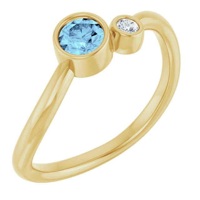 14K Gold Round Natural Aquamarine Accented Bezel-Set Ring - Yellow Gold