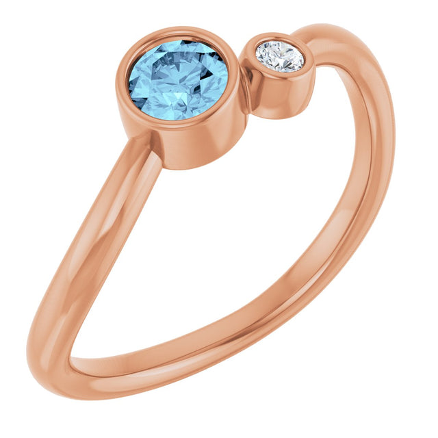 14K Gold Round Natural Aquamarine Accented Bezel-Set Ring - Rose Gold