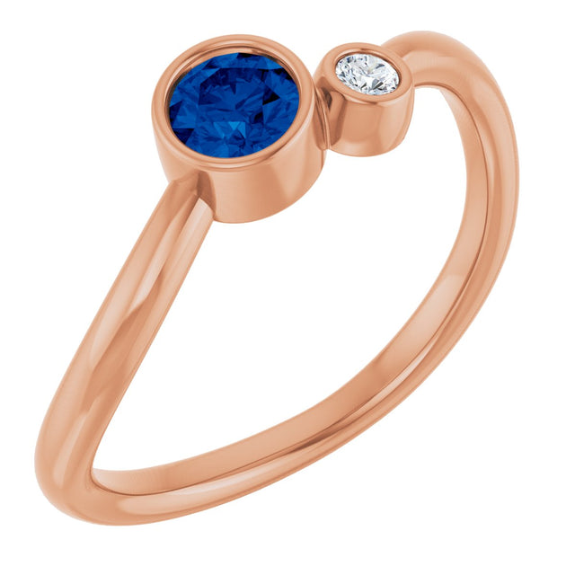 14K Gold Round Lab-Grown Blue Sapphire Accented Bezel-Set Ring - Rose Gold