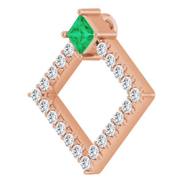 14K Gold Square Natural Emerald Accented Geometric Necklace or Pendant - Rose Gold - view 2