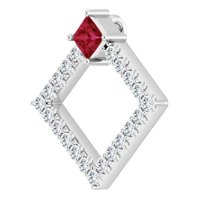 14K Gold Square Natural Ruby Accented Geometric Necklace or Pendant - White Gold - view 2