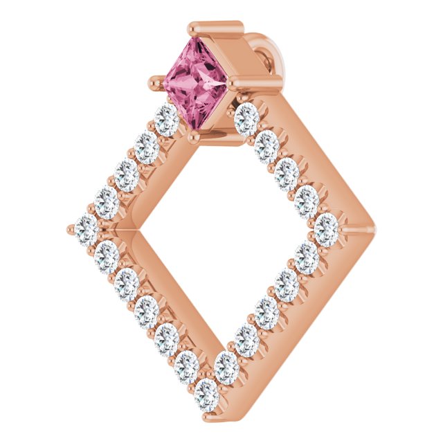 14K Gold Square Natural Pink Tourmaline Accented Geometric Necklace or Pendant - Rose Gold - view 2