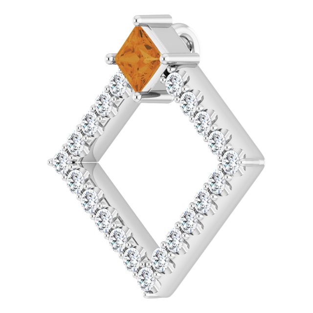 14K Gold Square Natural Citrine Accented Geometric Necklace or Pendant - White Gold - view 2