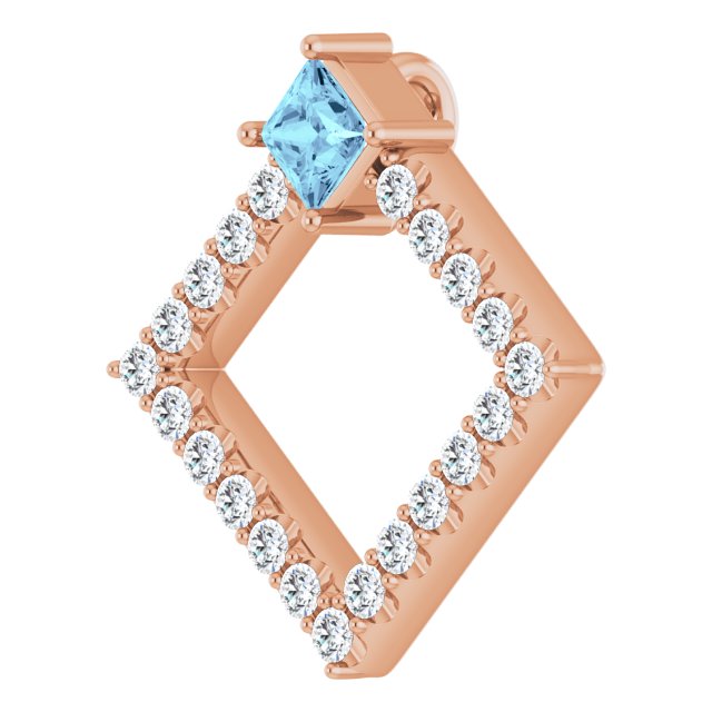 14K Gold Square Natural Aquamarine Accented Geometric Necklace or Pendant - Rose Gold - view 2