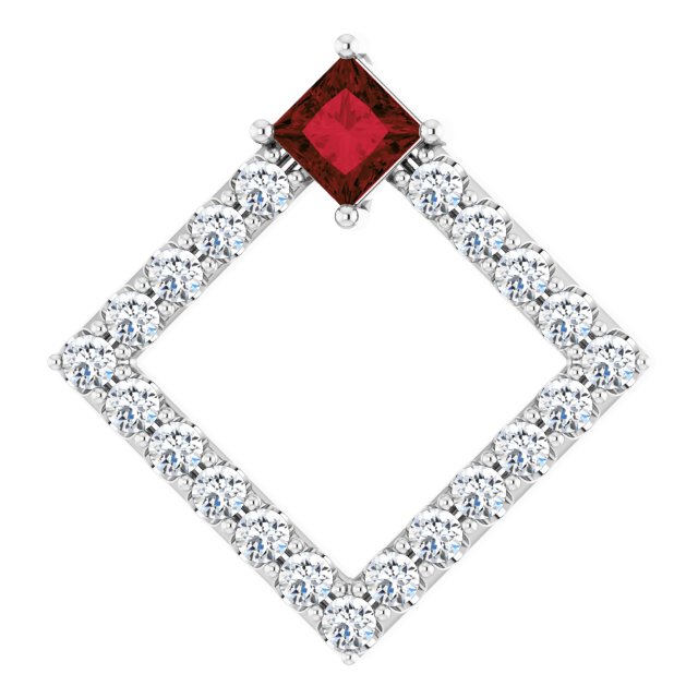 14K Gold Square Natural Mozambique Garnet Accented Geometric Necklace or Pendant - White Gold