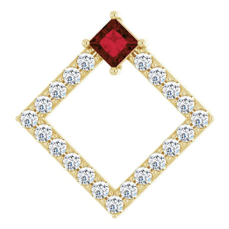 14K Gold Square Natural Mozambique Garnet Accented Geometric Necklace or Pendant - Yellow Gold