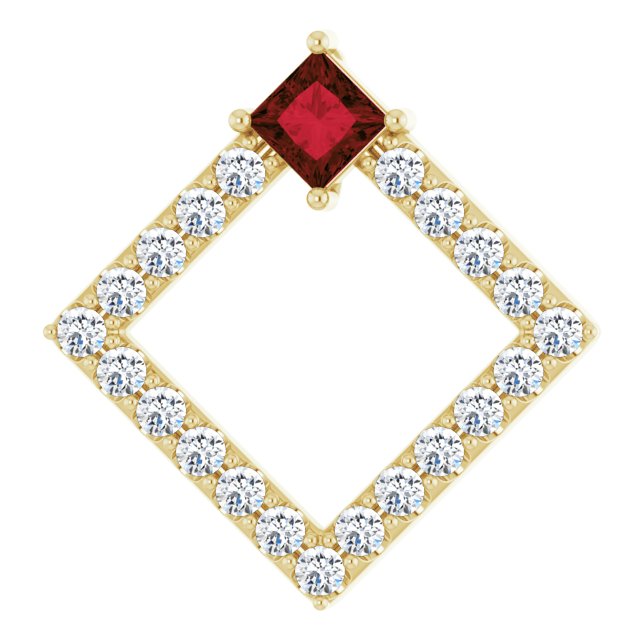 14K Gold Square Natural Mozambique Garnet Accented Geometric Necklace or Pendant - Yellow Gold