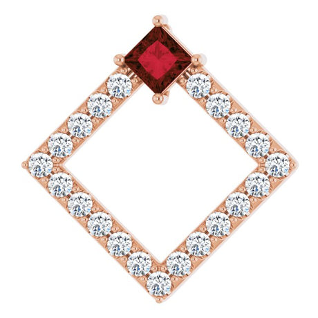 14K Gold Square Natural Mozambique Garnet Accented Geometric Necklace or Pendant - Rose Gold