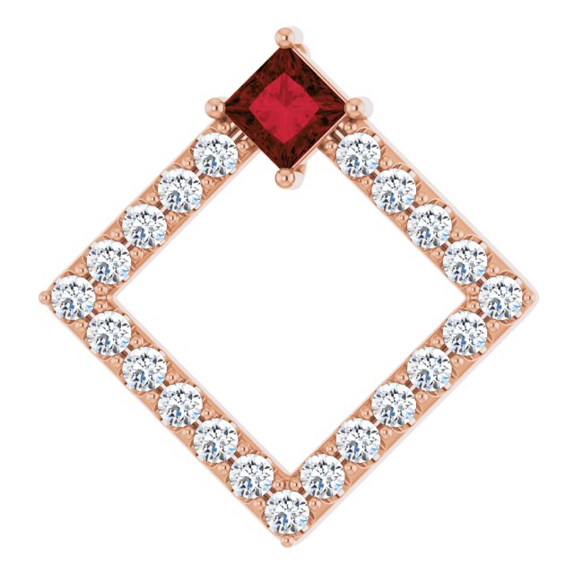 14K Gold Square Natural Mozambique Garnet Accented Geometric Necklace or Pendant - Rose Gold