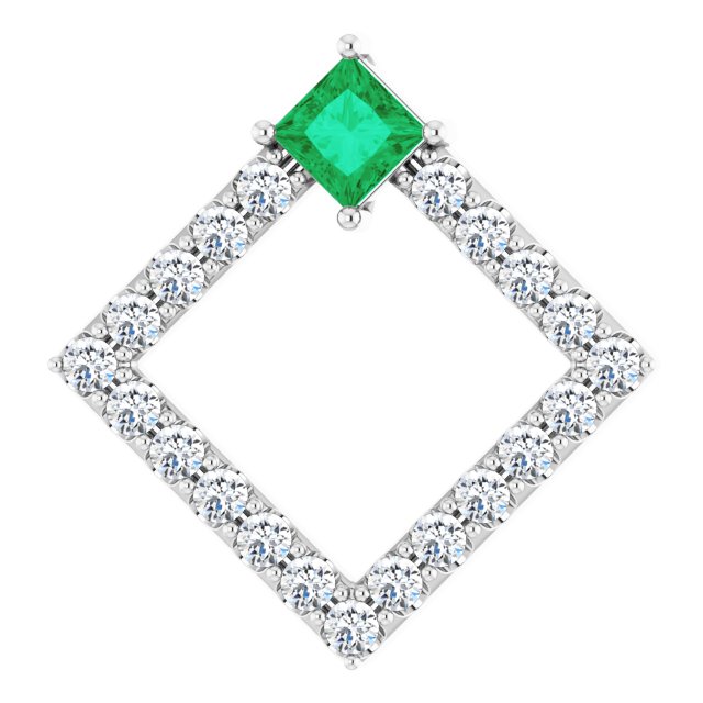 Platinum Square Natural Emerald Accented Geometric Necklace or Pendant